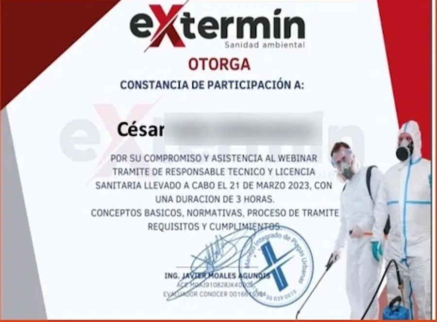 Constancia de participación de Extermin en trámite de responsable técnico y licencia sanitaria