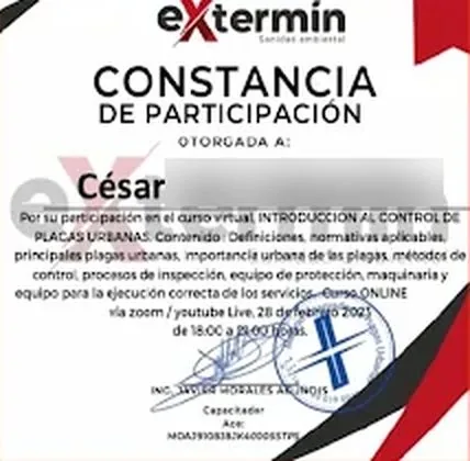 Constancia de participación de Extermin en introducción al control de plagas urbanas