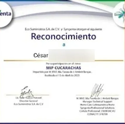 Reconocimiento de Eco Suministros y Syngenta en MIP Cucarachas